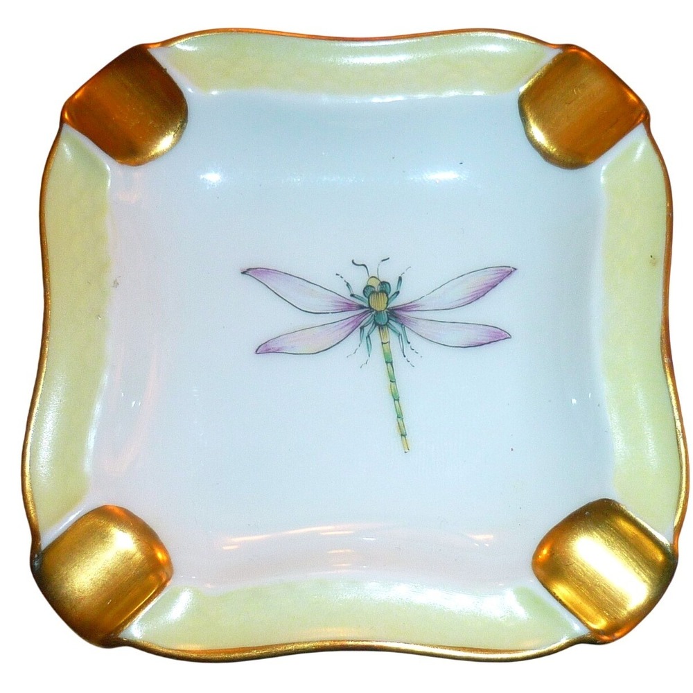 Thomas Marktredwitz Germany Porcelain Ashtray Dish Hand Painted Dragonfly Gilt